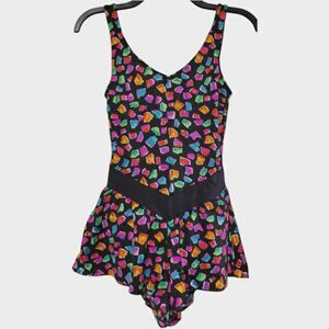 Vintage MAXINE OF HOLLYWOOD One Piece Swimsuit Dress Retro Black & Neon Size 10